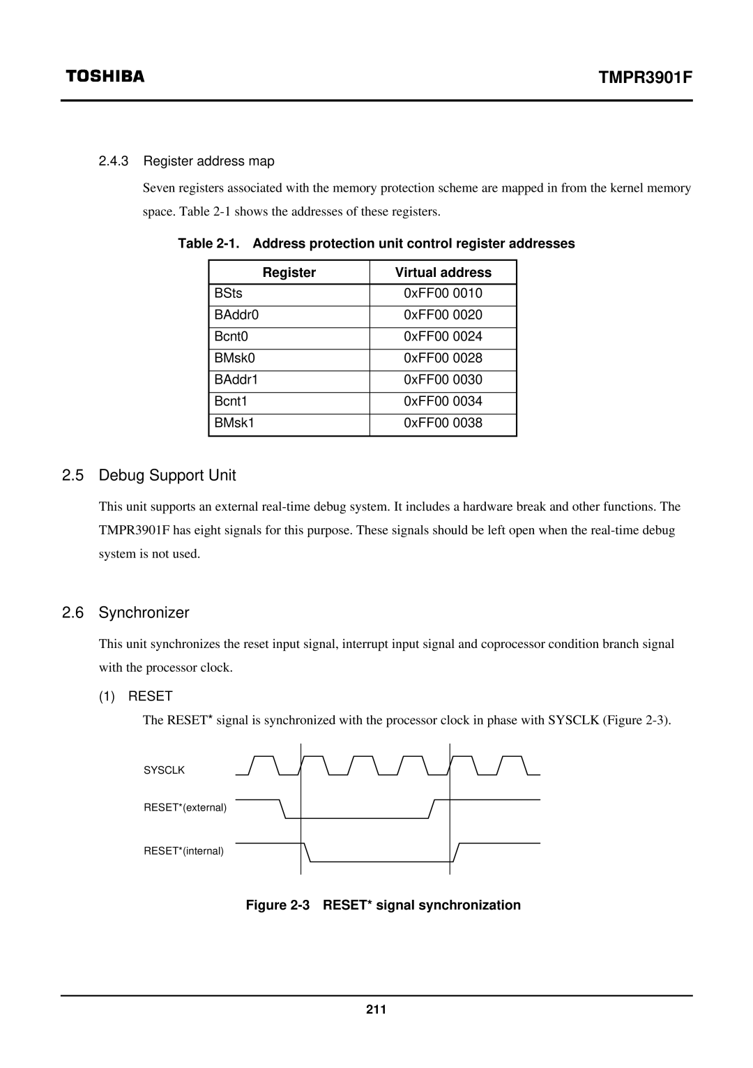 Toshiba TX39 Debug Support Unit, Synchronizer, Register address map, BSts 0xFF00 BAddr0 Bcnt0 BMsk0 BAddr1 Bcnt1 BMsk1 