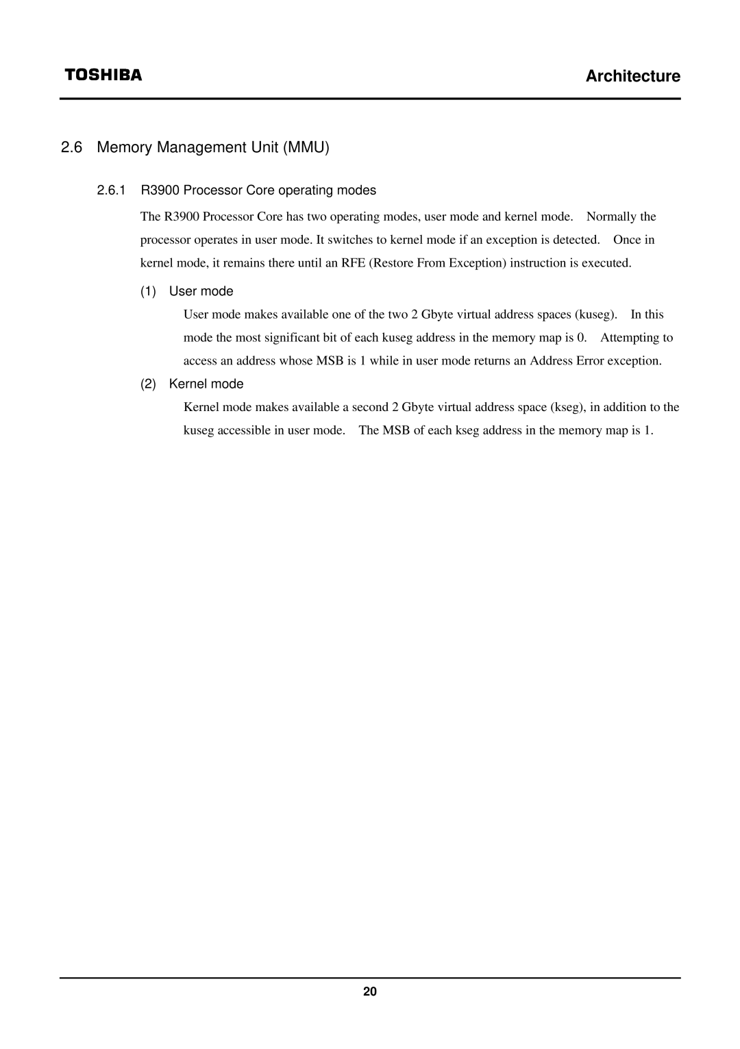 Toshiba TX39 user manual Memory Management Unit MMU, 1 R3900 Processor Core operating modes, User mode, Kernel mode 