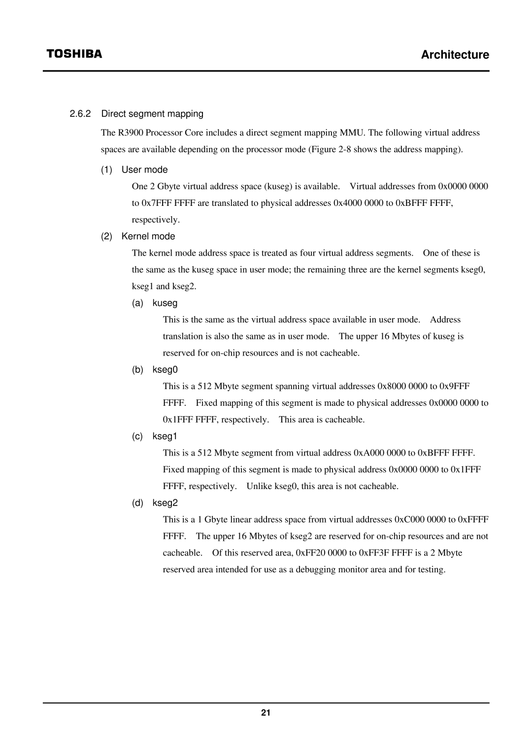 Toshiba TX39 user manual Direct segment mapping, Kuseg, Kseg0, Kseg1, Kseg2 