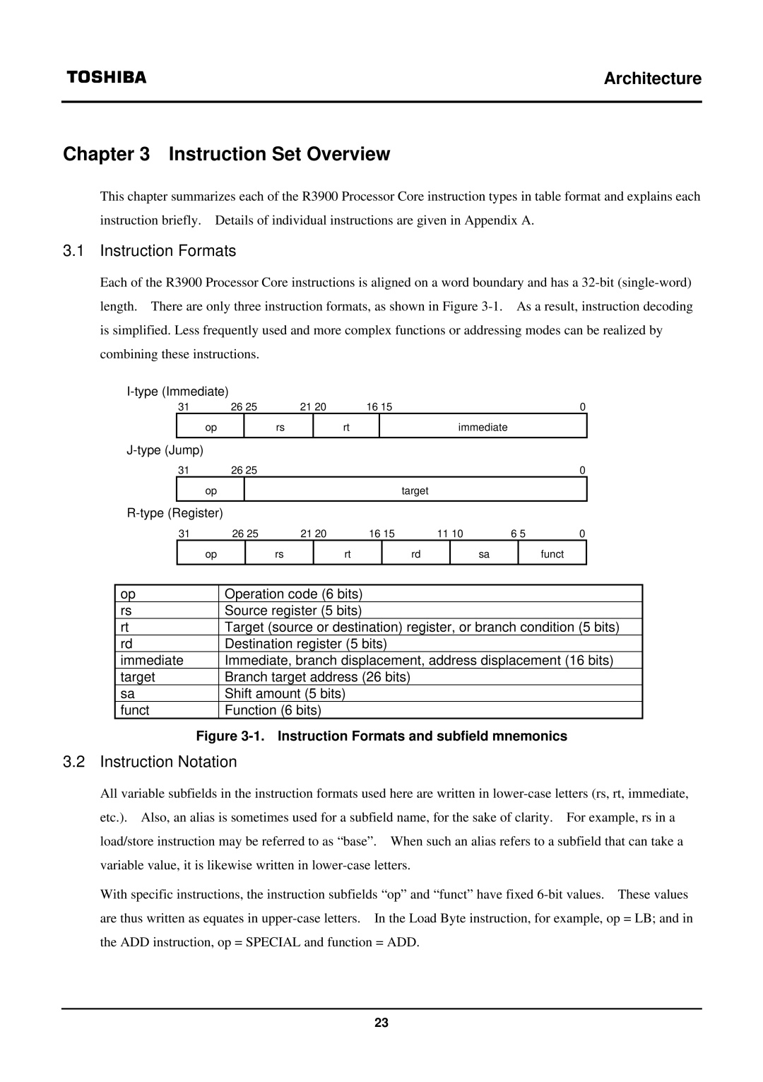 Toshiba TX39 user manual Instruction Set Overview, Instruction Formats, Instruction Notation 