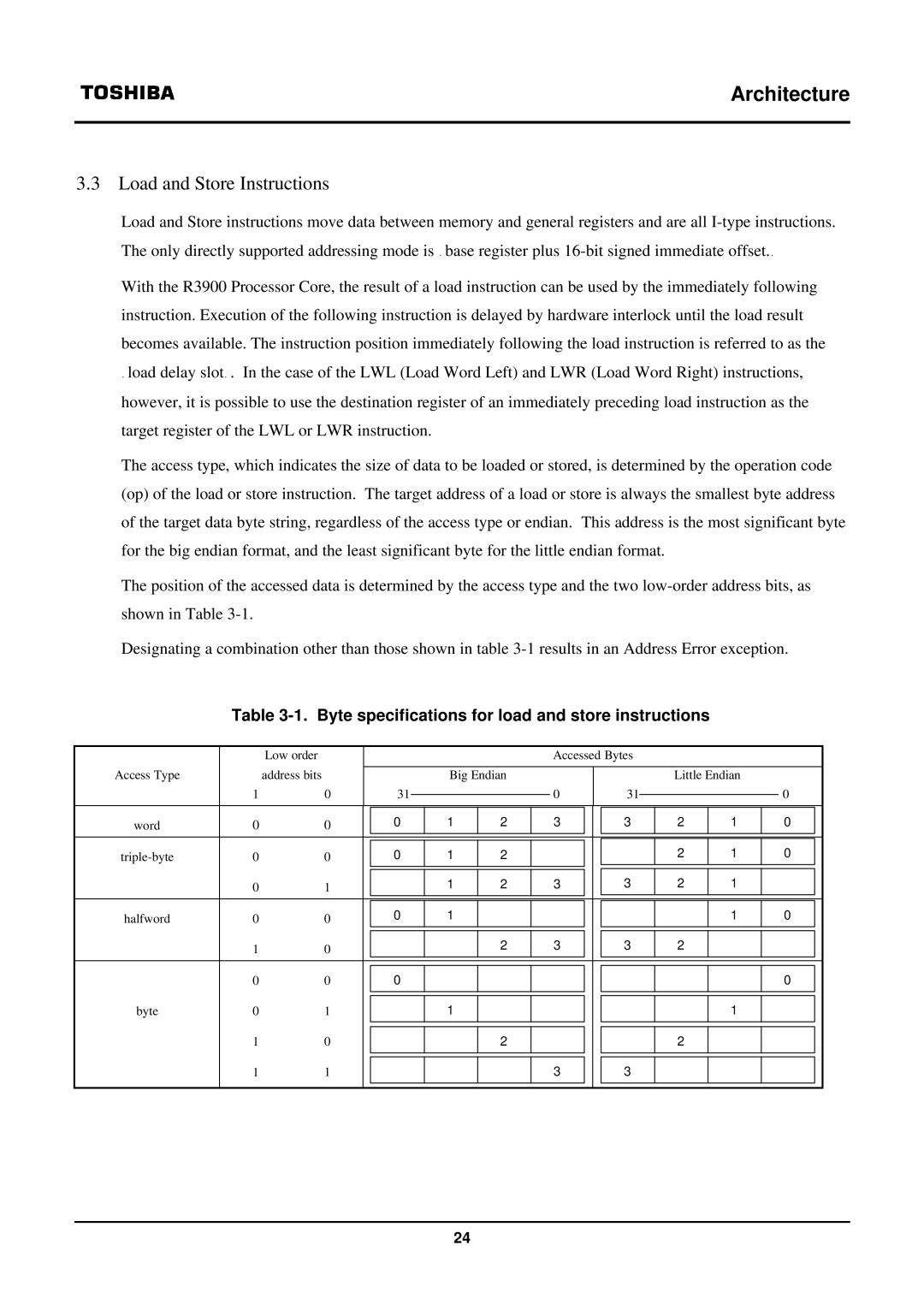 Toshiba TX39 user manual Load and Store Instructions, Byte specifications for load and store instructions 