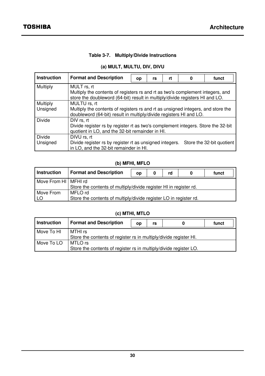 Toshiba TX39 user manual MFHI, Mflo Instruction Format and Description, MTHI, Mtlo Instruction Format and Description 