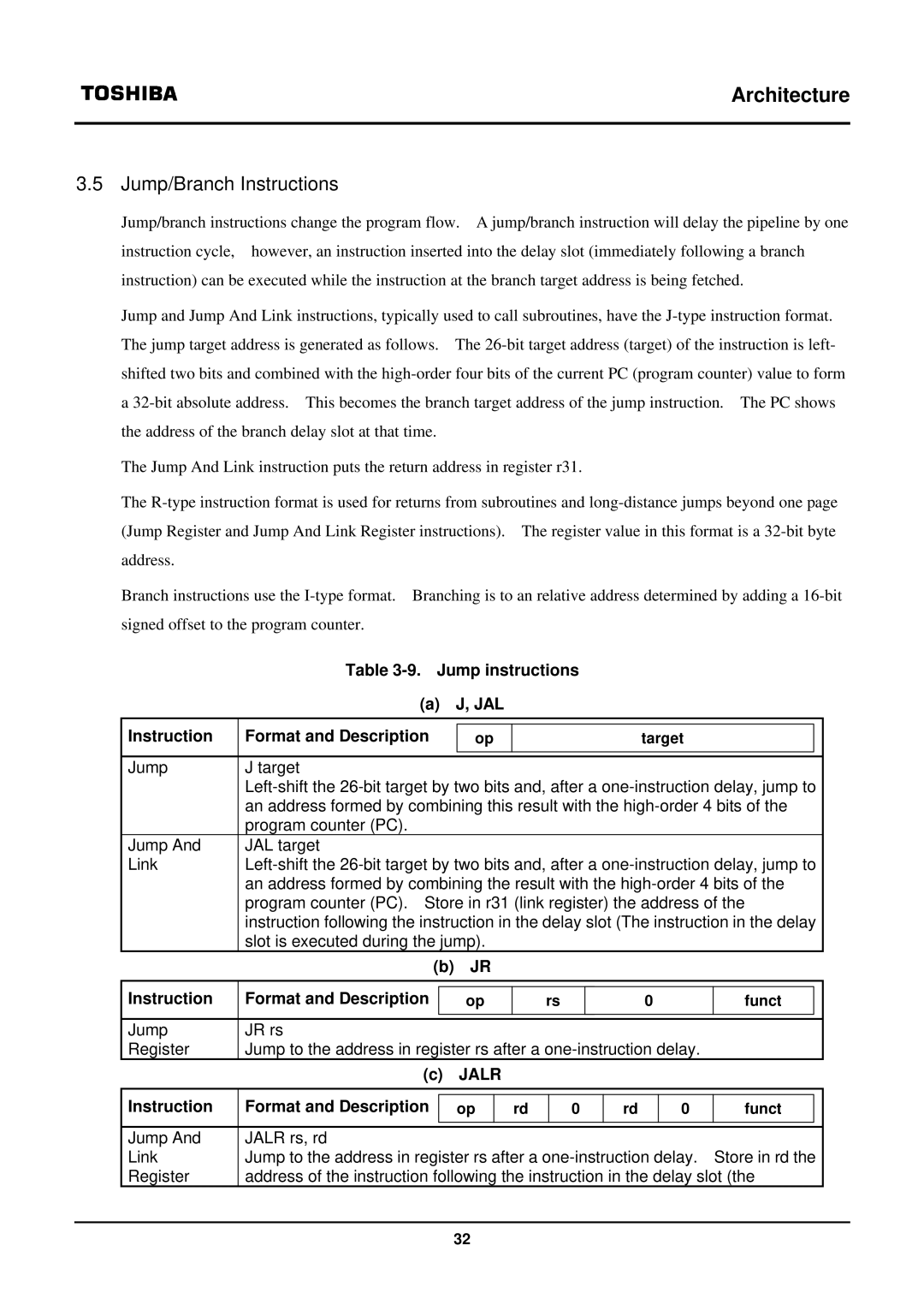 Toshiba TX39 user manual Jump/Branch Instructions, Jump instructions, Instruction Format and Description 