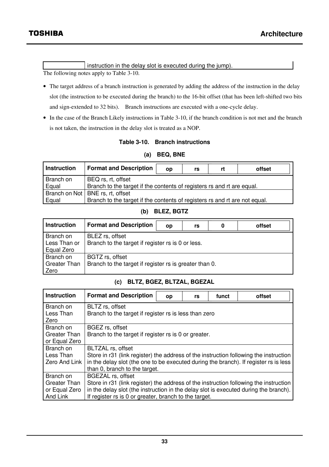 Toshiba TX39 user manual Instruction in the delay slot is executed during the jump, Branch instructions 