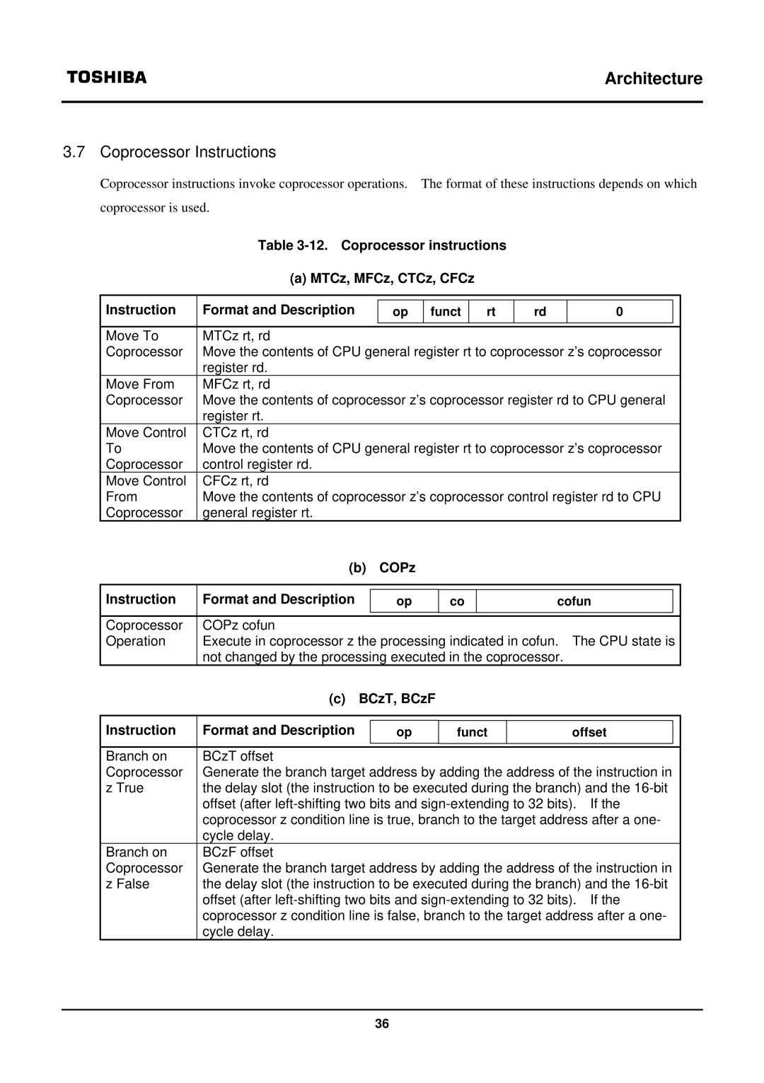 Toshiba TX39 user manual Coprocessor Instructions, COPz Instruction Format and Description 