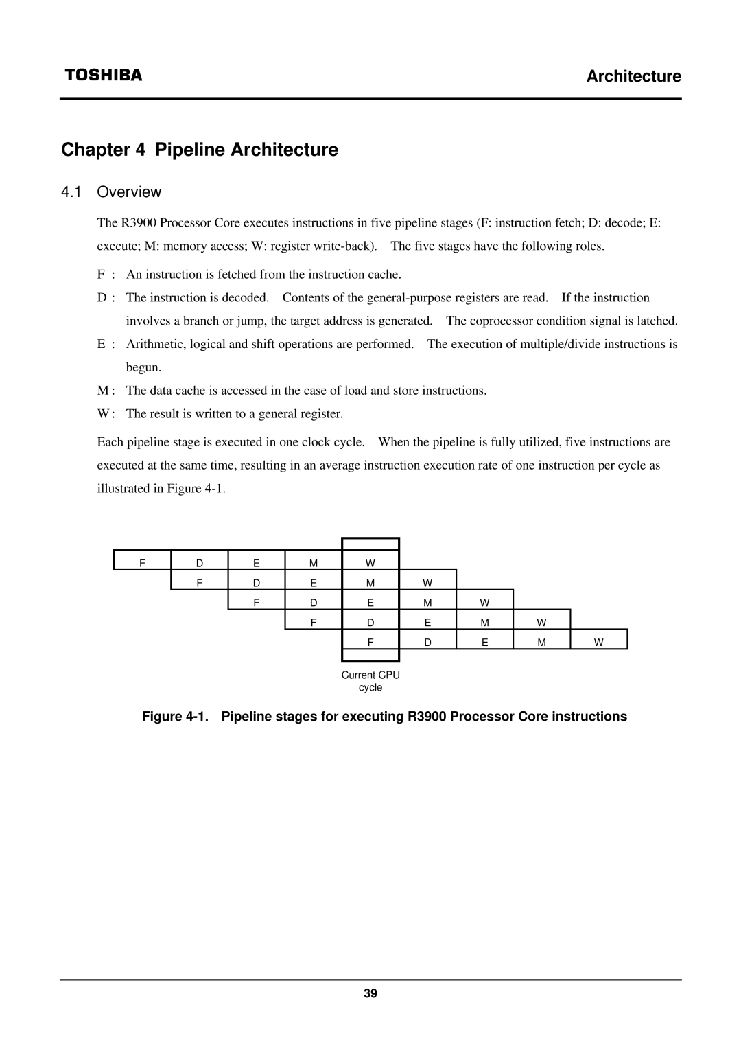 Toshiba TX39 user manual Pipeline Architecture, Overview 