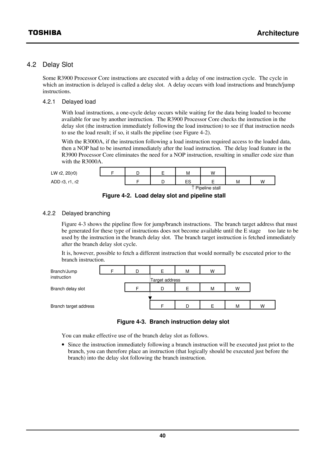 Toshiba TX39 user manual Delay Slot, Delayed load, Delayed branching 