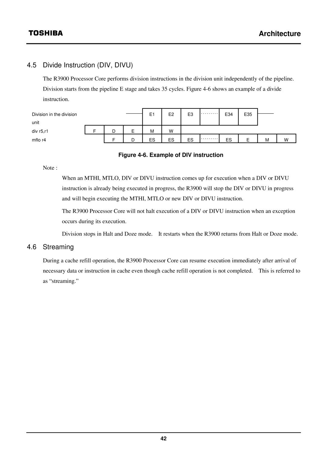 Toshiba TX39 user manual Divide Instruction DIV, Divu, Streaming 