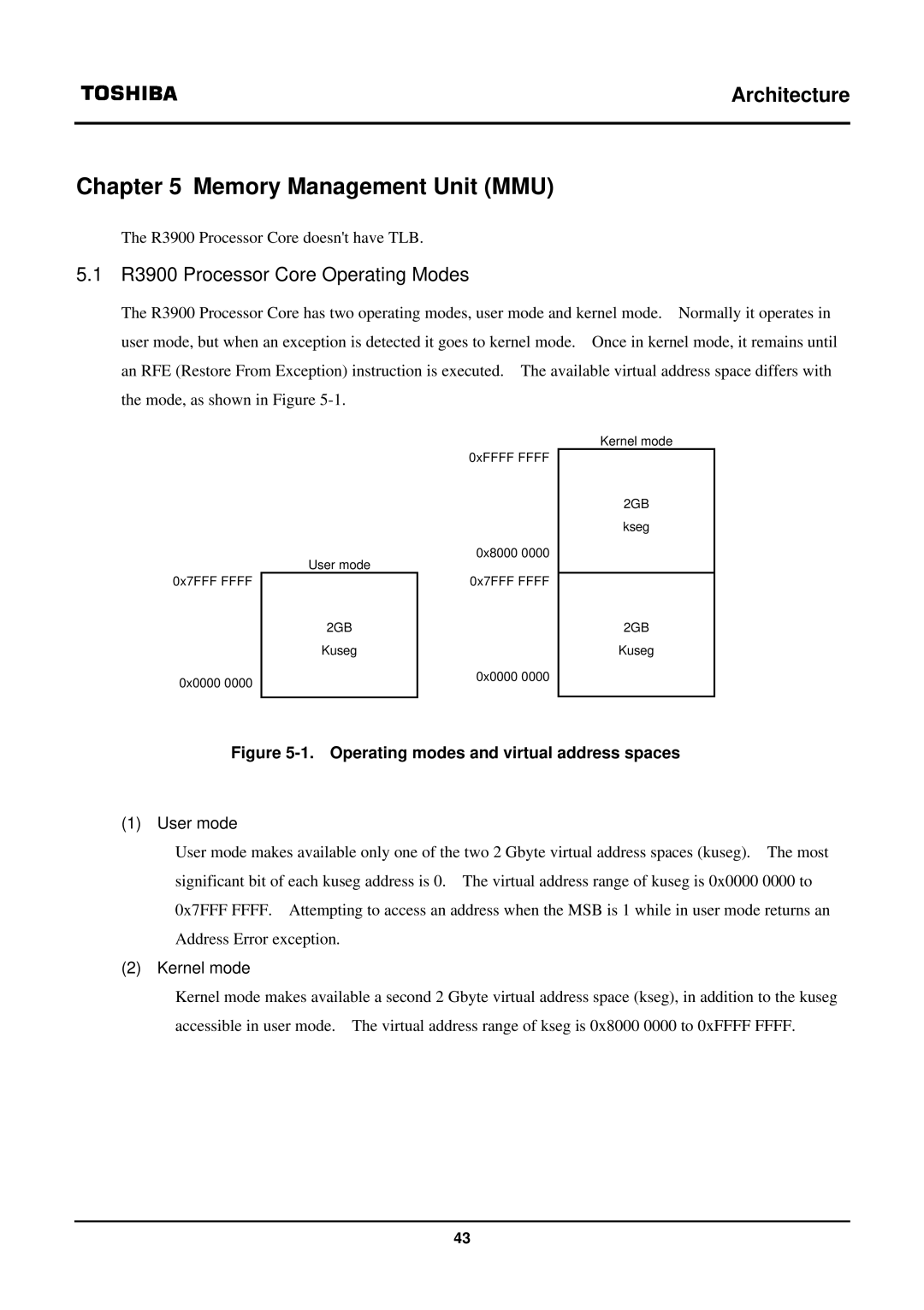 Toshiba TX39 user manual Memory Management Unit MMU, R3900 Processor Core Operating Modes 