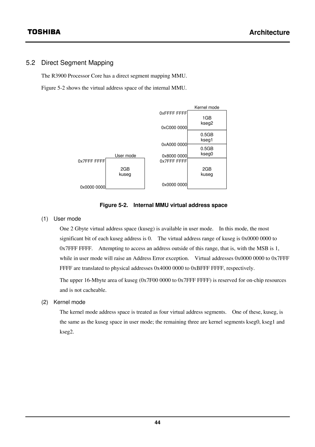 Toshiba TX39 user manual Direct Segment Mapping, Internal MMU virtual address space 