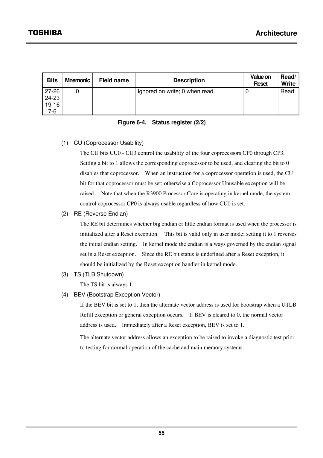 Toshiba TX39 user manual Bits Mnemonic Field name Description Value on Read 