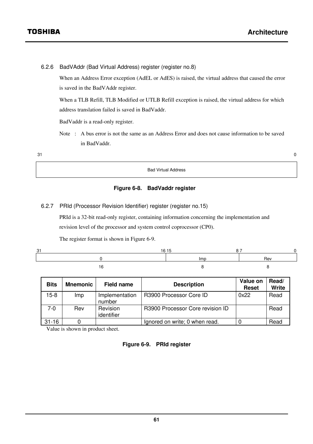 Toshiba TX39 user manual BadVAddr Bad Virtual Address register register no.8 