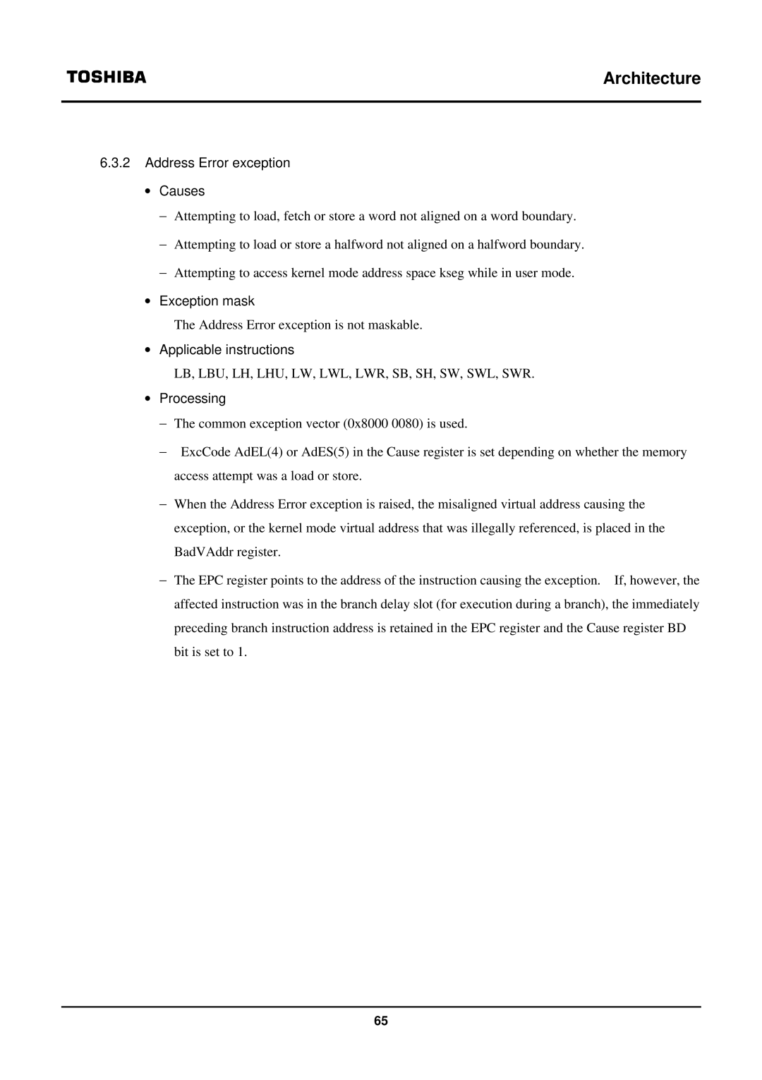 Toshiba TX39 user manual Address Error exception ∙ Causes, ∙ Exception mask, ∙ Applicable instructions, ∙ Processing 