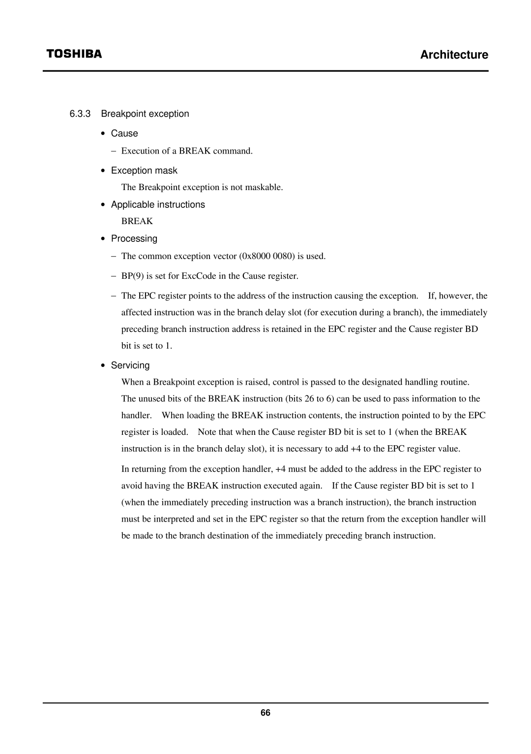 Toshiba TX39 user manual Breakpoint exception ∙ Cause, ∙ Servicing 