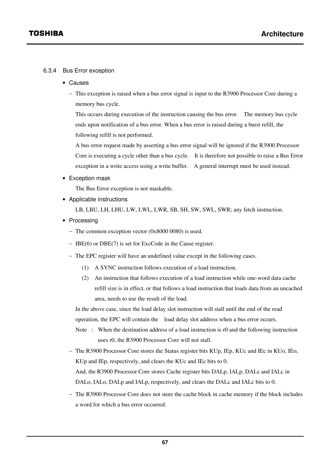 Toshiba TX39 user manual Bus Error exception ∙ Causes 