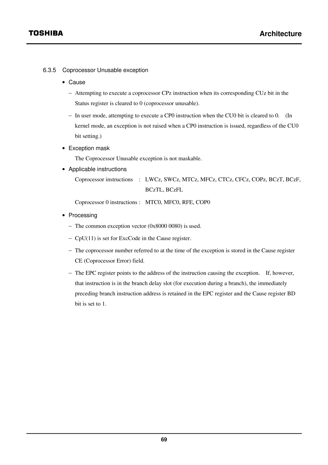 Toshiba TX39 user manual Coprocessor Unusable exception ∙ Cause 