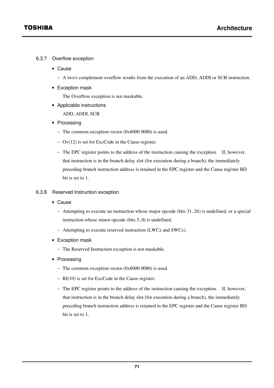 Toshiba TX39 user manual Overflow exception ∙ Cause, Reserved Instruction exception ∙ Cause 