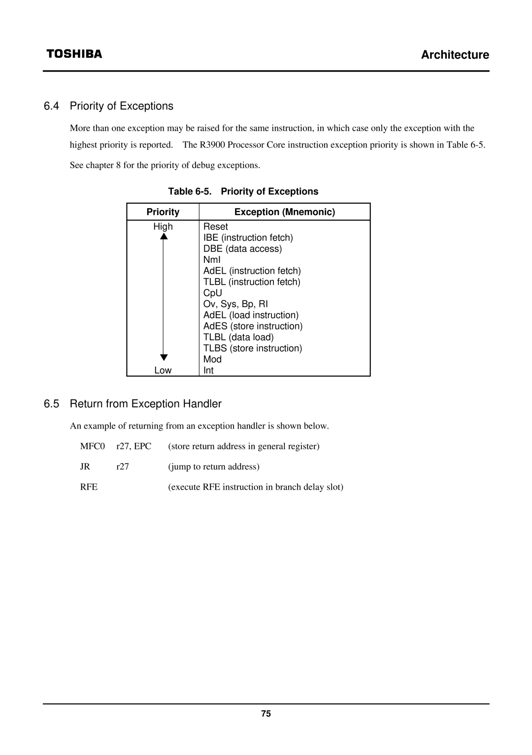 Toshiba TX39 user manual Return from Exception Handler, Priority of Exceptions Exception Mnemonic 