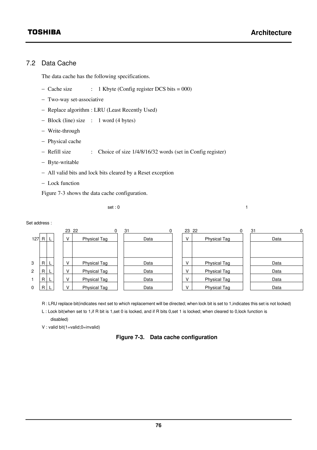 Toshiba TX39 user manual Data Cache, Data cache configuration 