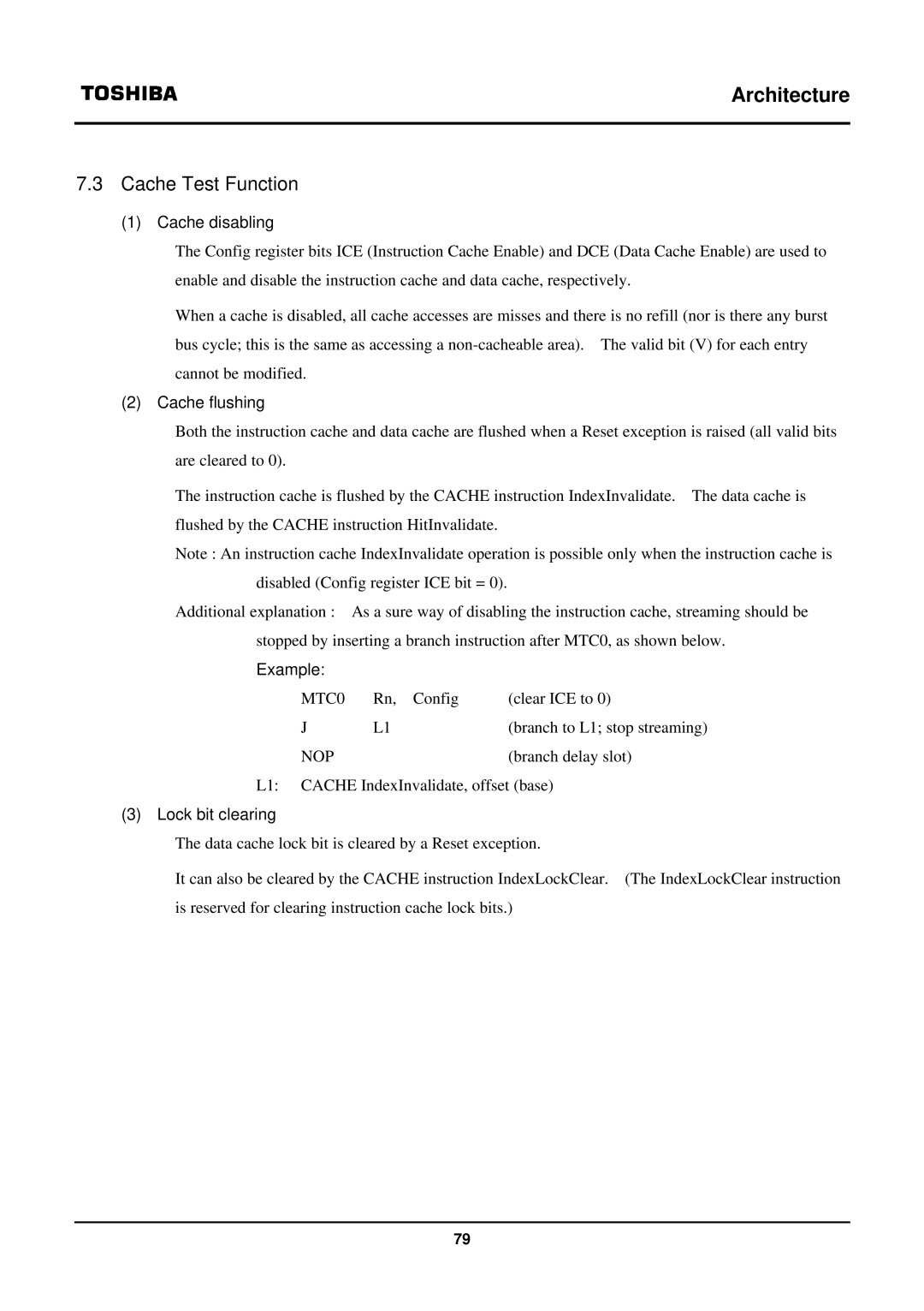 Toshiba TX39 user manual Cache Test Function, Cache disabling, Cache flushing, Example 