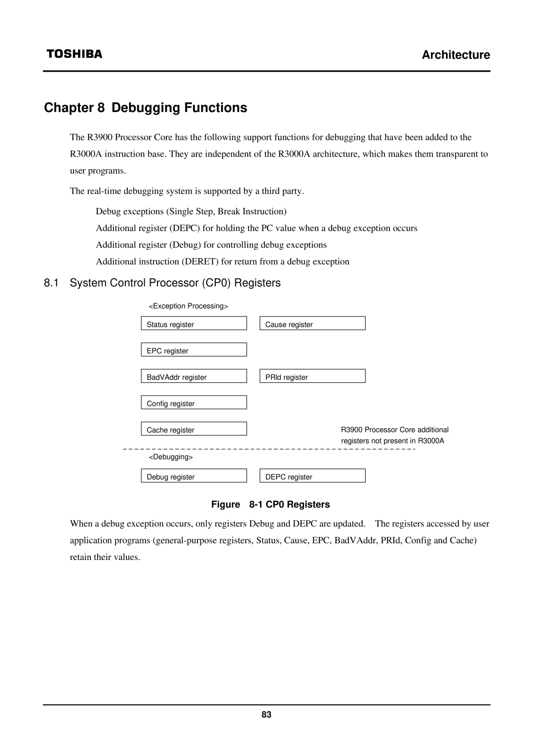 Toshiba TX39 user manual Debugging Functions, System Control Processor CP0 Registers 