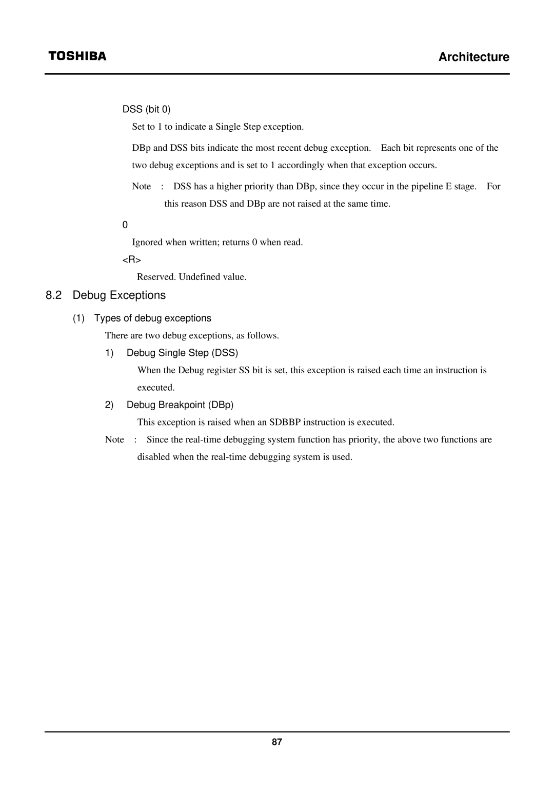 Toshiba TX39 user manual Debug Exceptions, DSS bit, Types of debug exceptions, Debug Single Step DSS, Debug Breakpoint DBp 