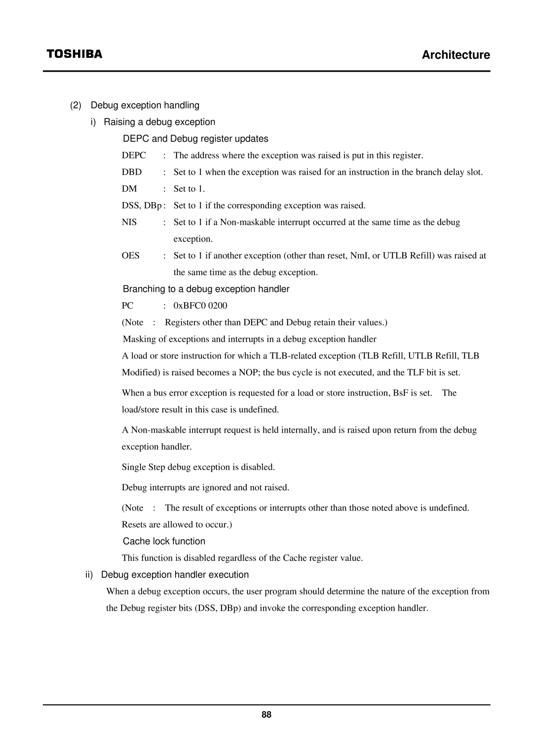 Toshiba TX39 user manual Branching to a debug exception handler, Ii Debug exception handler execution 