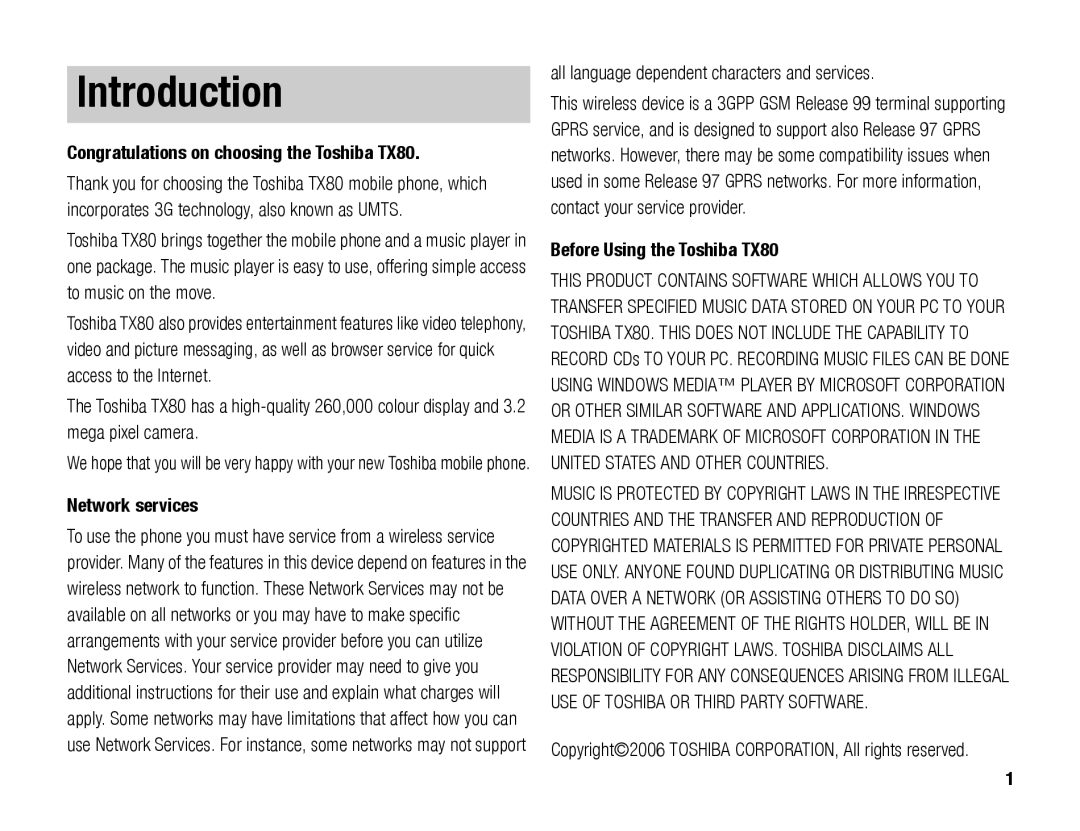 Toshiba manual Introduction, Congratulations on choosing the Toshiba TX80, Network services 