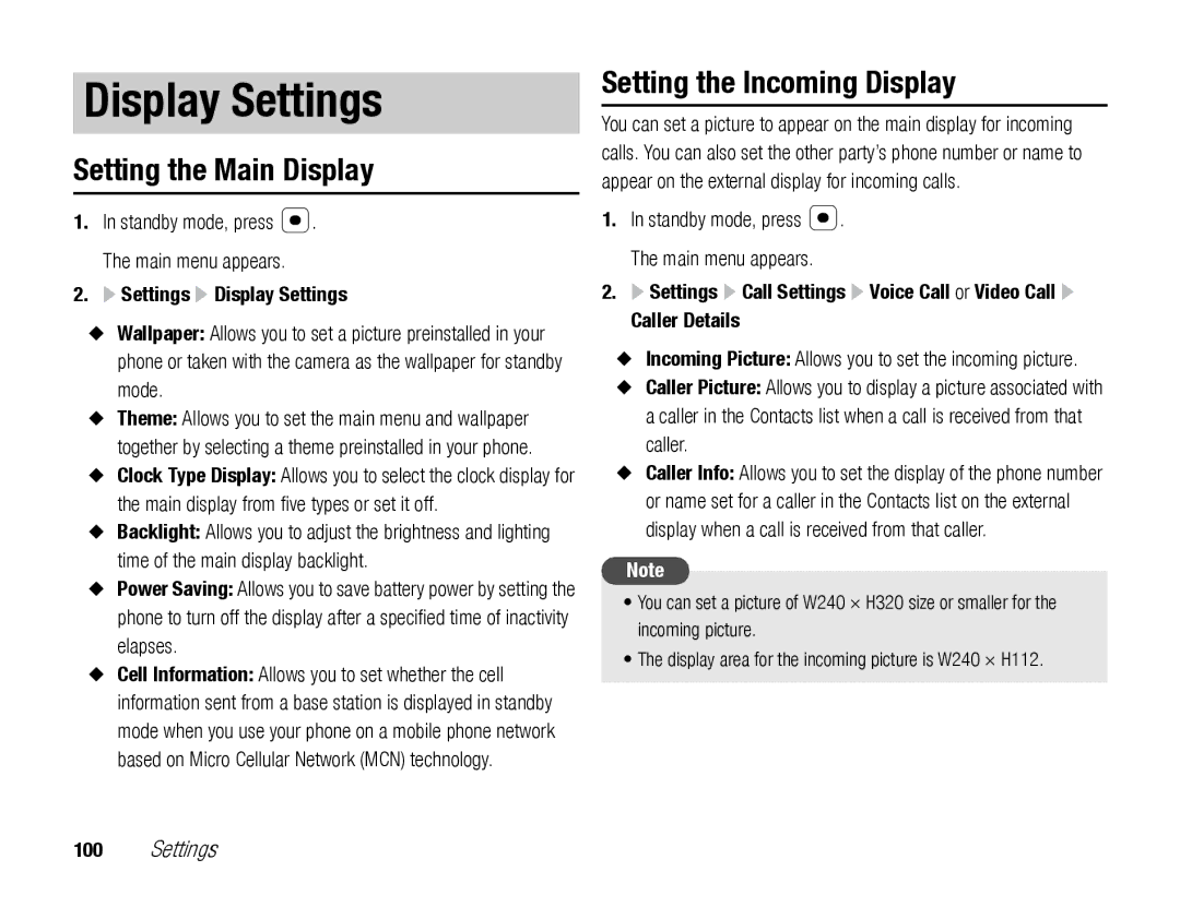 Toshiba TX80 manual Setting the Main Display, Setting the Incoming Display, Settings Display Settings 