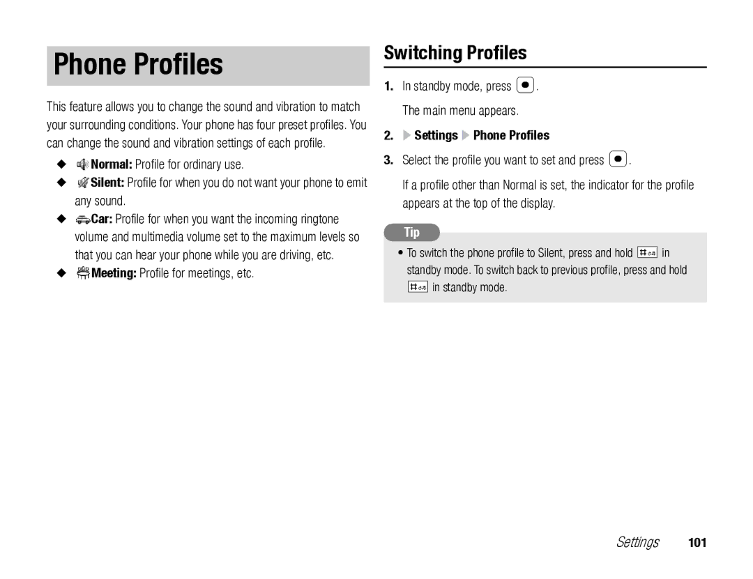 Toshiba TX80 manual Switching Profiles, Meeting Profile for meetings, etc, Settings Phone Profiles 