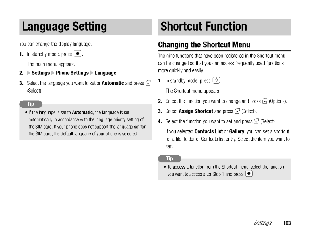 Toshiba TX80 manual Language Setting, Shortcut Function, Changing the Shortcut Menu, You can change the display language 