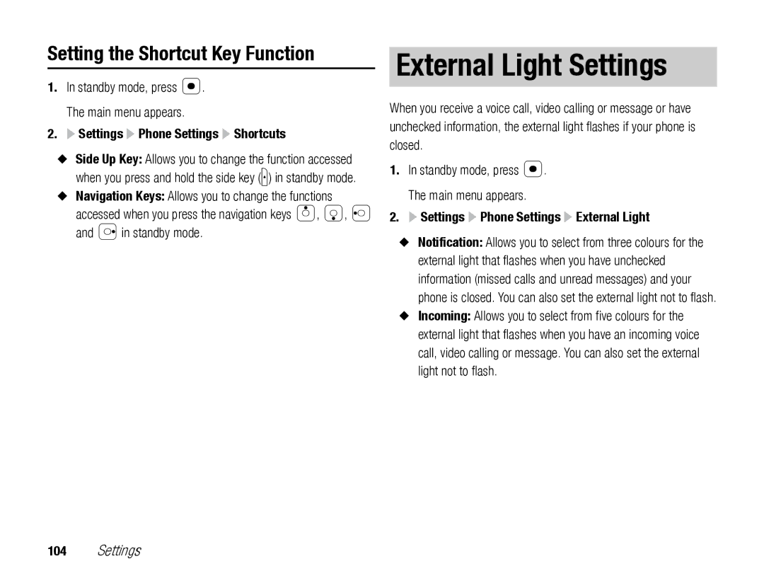 Toshiba TX80 manual External Light Settings, Setting the Shortcut Key Function, Settings Phone Settings Shortcuts 