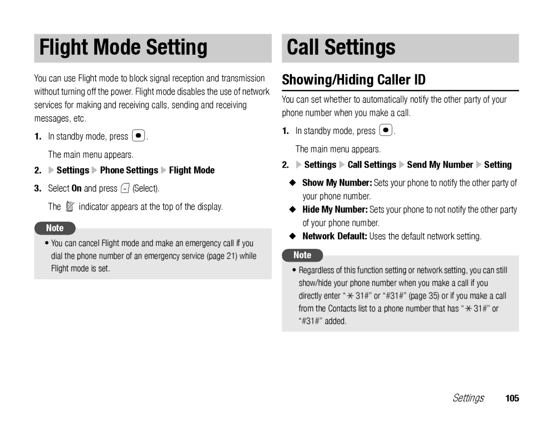 Toshiba TX80 manual Flight Mode Setting, Call Settings, Showing/Hiding Caller ID, Settings Phone Settings Flight Mode 