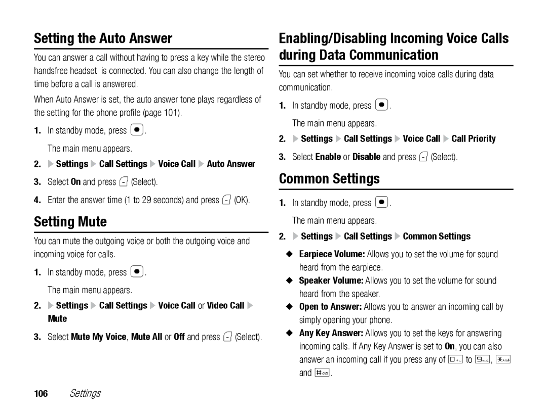 Toshiba TX80 manual Setting the Auto Answer, Setting Mute, Settings Call Settings Voice Call Call Priority 