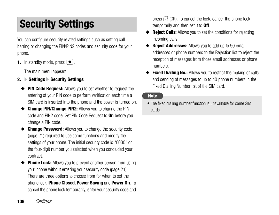 Toshiba TX80 manual Settings Security Settings 