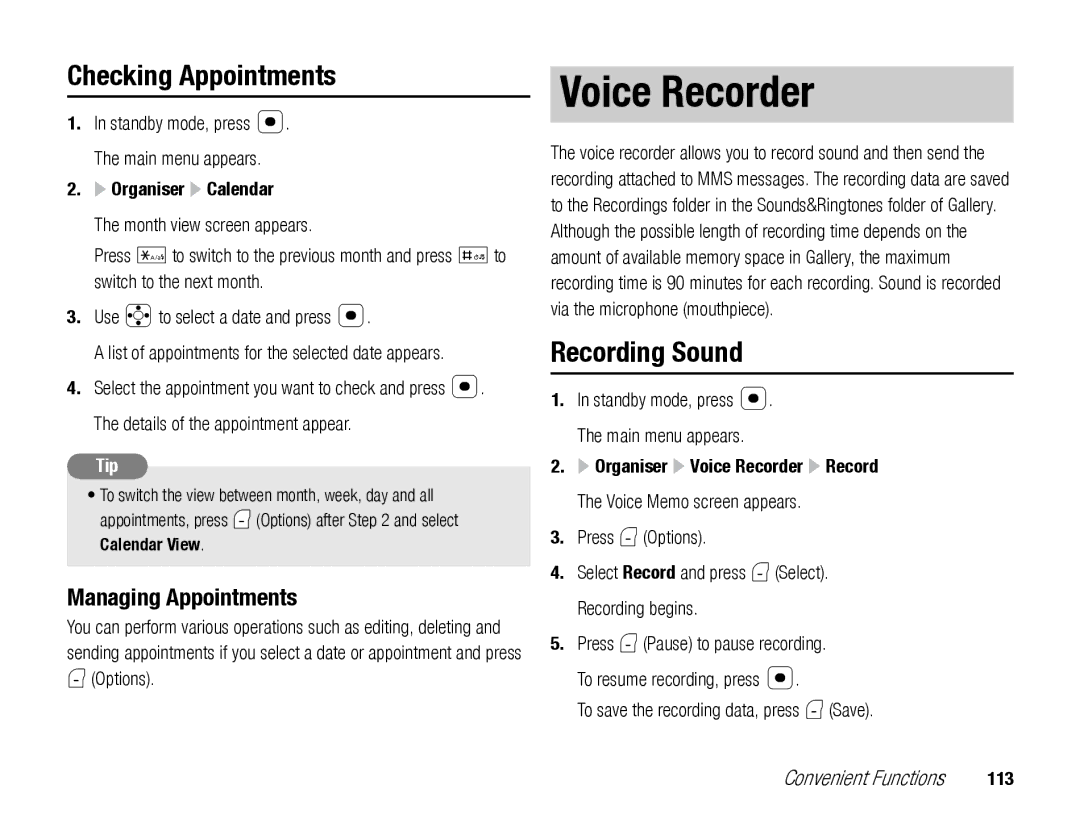 Toshiba TX80 manual Voice Recorder, Checking Appointments, Recording Sound, Managing Appointments 