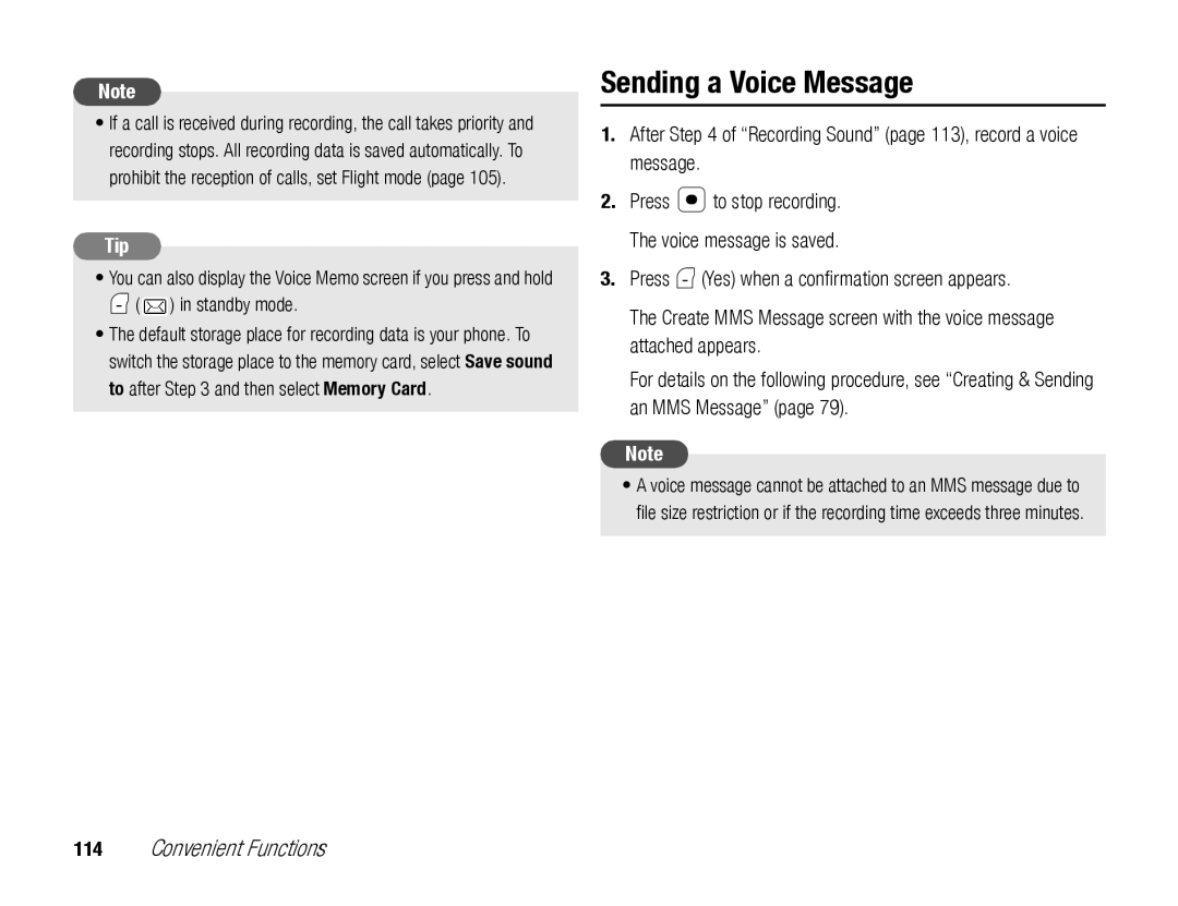 Toshiba TX80 manual Sending a Voice Message, After of “Recording Sound” page 113, record a voice message 