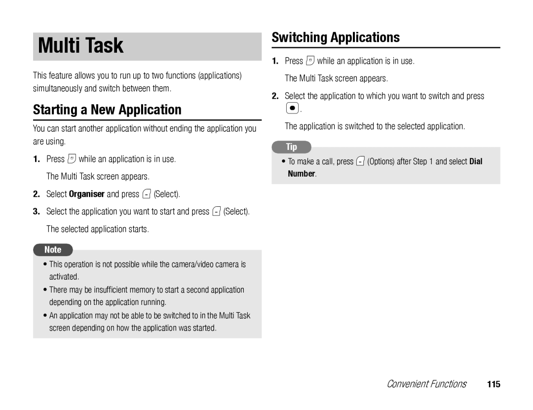 Toshiba TX80 manual Multi Task, Starting a New Application, Switching Applications 