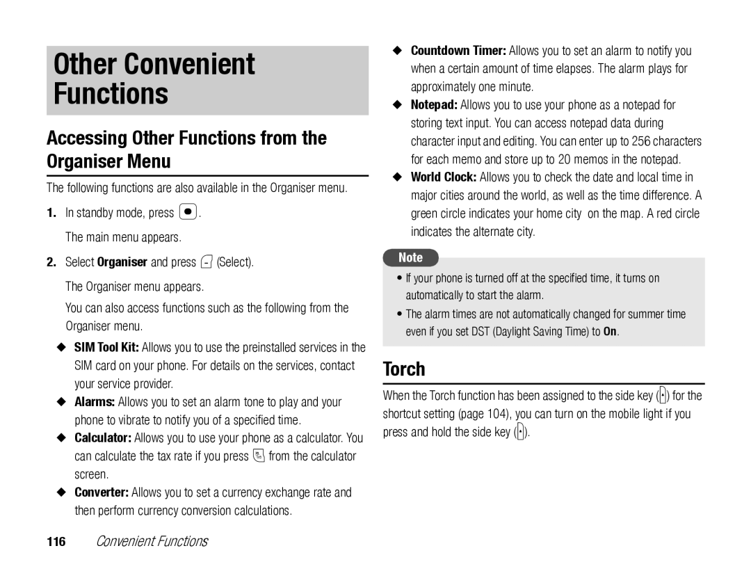 Toshiba TX80 manual Other Convenient Functions, Accessing Other Functions from the Organiser Menu, Torch 