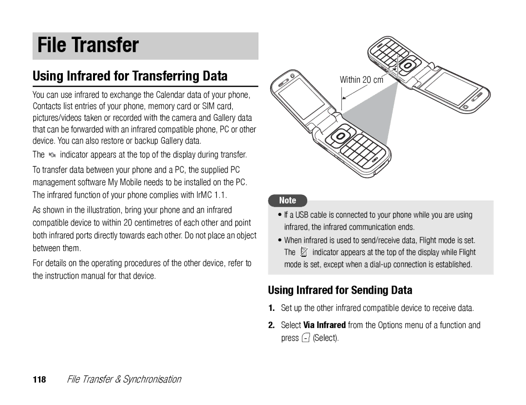 Toshiba TX80 manual File Transfer, Using Infrared for Transferring Data, Using Infrared for Sending Data, Within 20 cm 