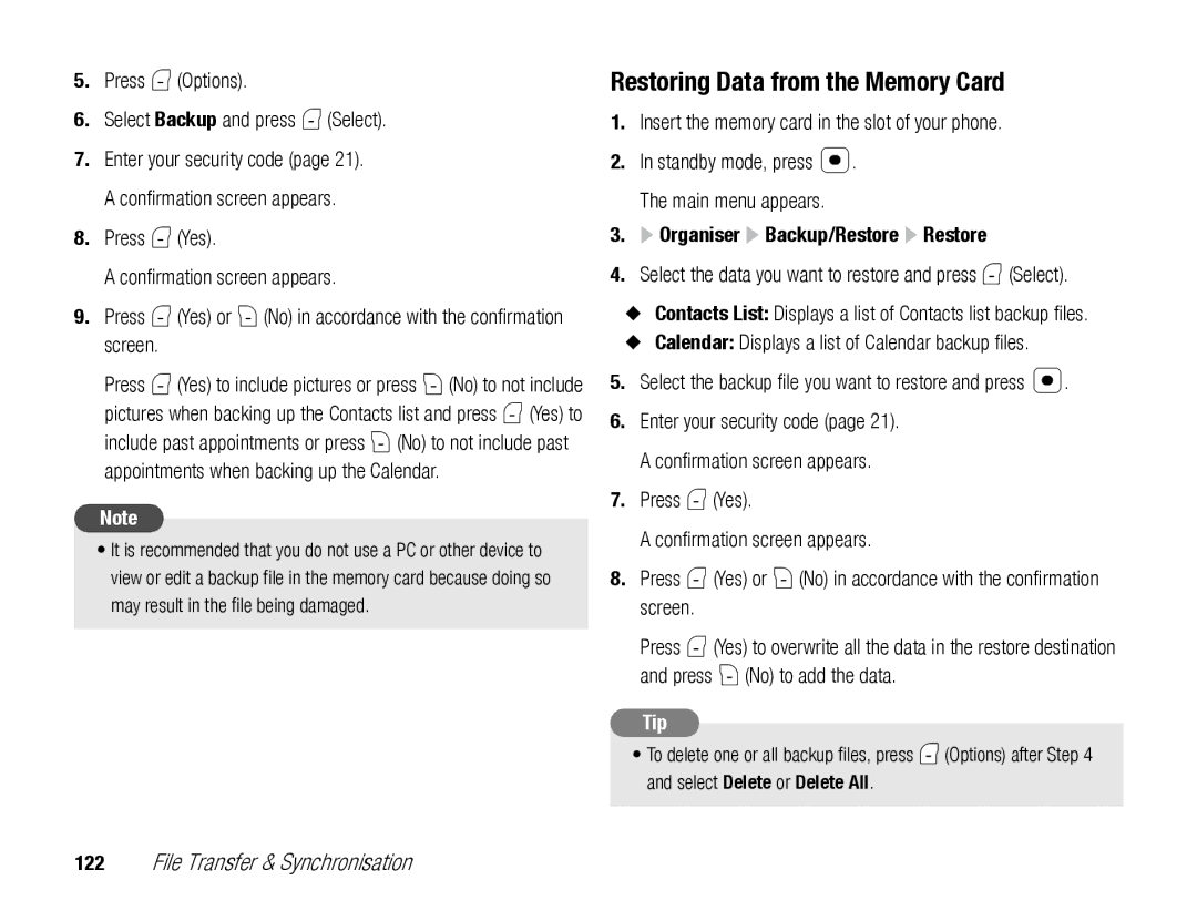 Toshiba TX80 manual Restoring Data from the Memory Card, Press J Options Select Backup and press J Select 