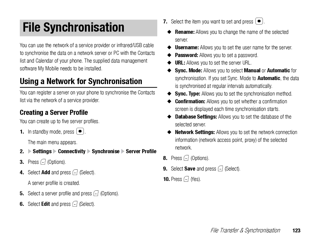 Toshiba TX80 manual File Synchronisation, Creating a Server Profile, You can create up to five server profiles 