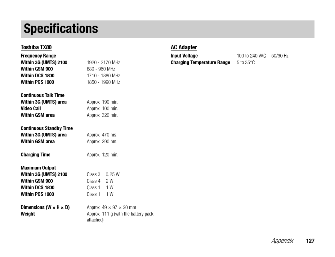 Toshiba manual Specifications, Toshiba TX80 AC Adapter 