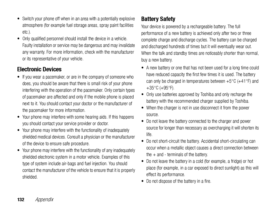 Toshiba TX80 manual Electronic Devices, Battery Safety 