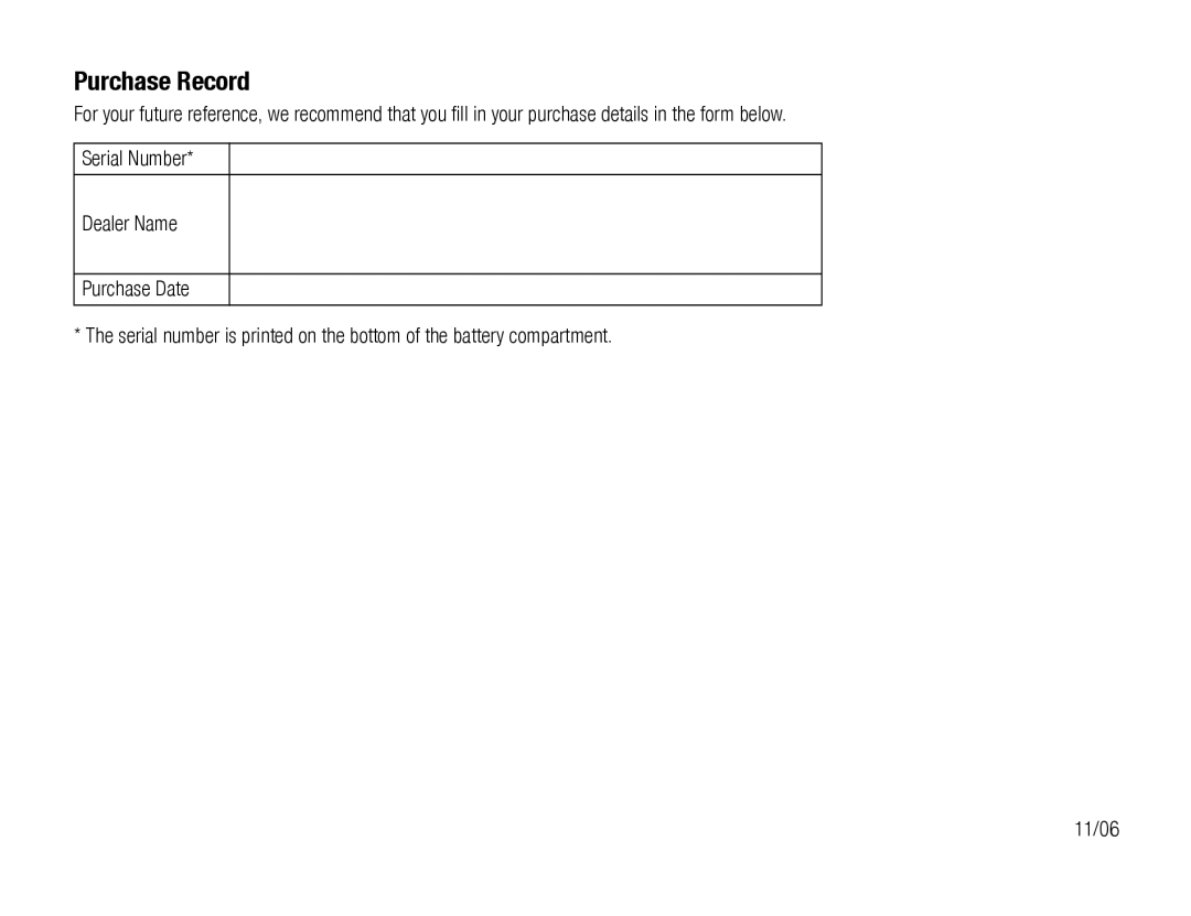 Toshiba TX80 manual Purchase Record 