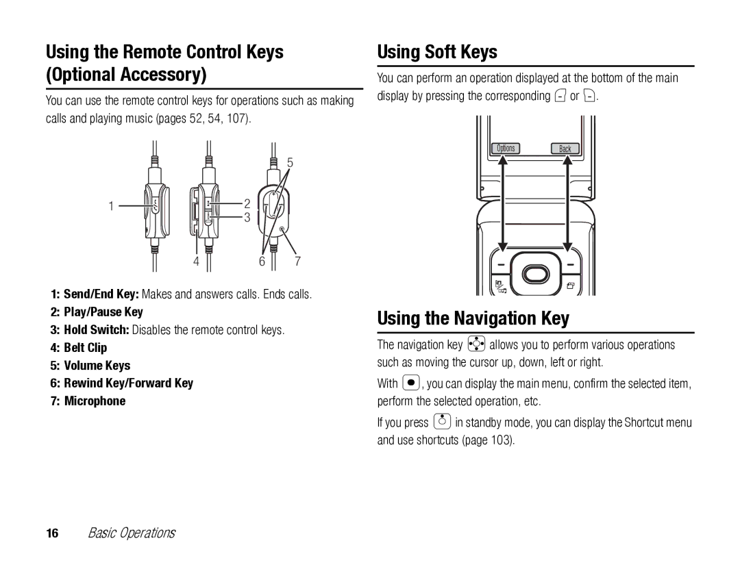 Toshiba TX80 manual Using Soft Keys, Using the Navigation Key, Play/Pause Key, Hold Switch Disables the remote control keys 