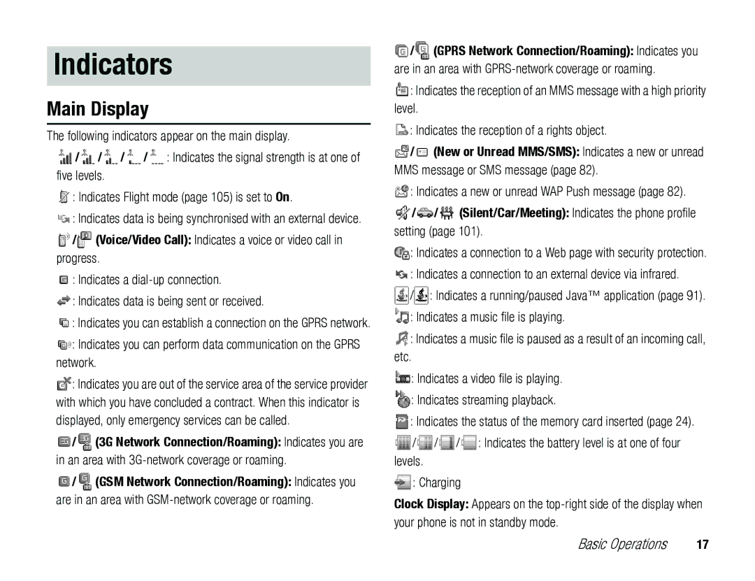 Toshiba TX80 manual Indicators, Main Display, Silent/Car/Meeting Indicates the phone profile setting 