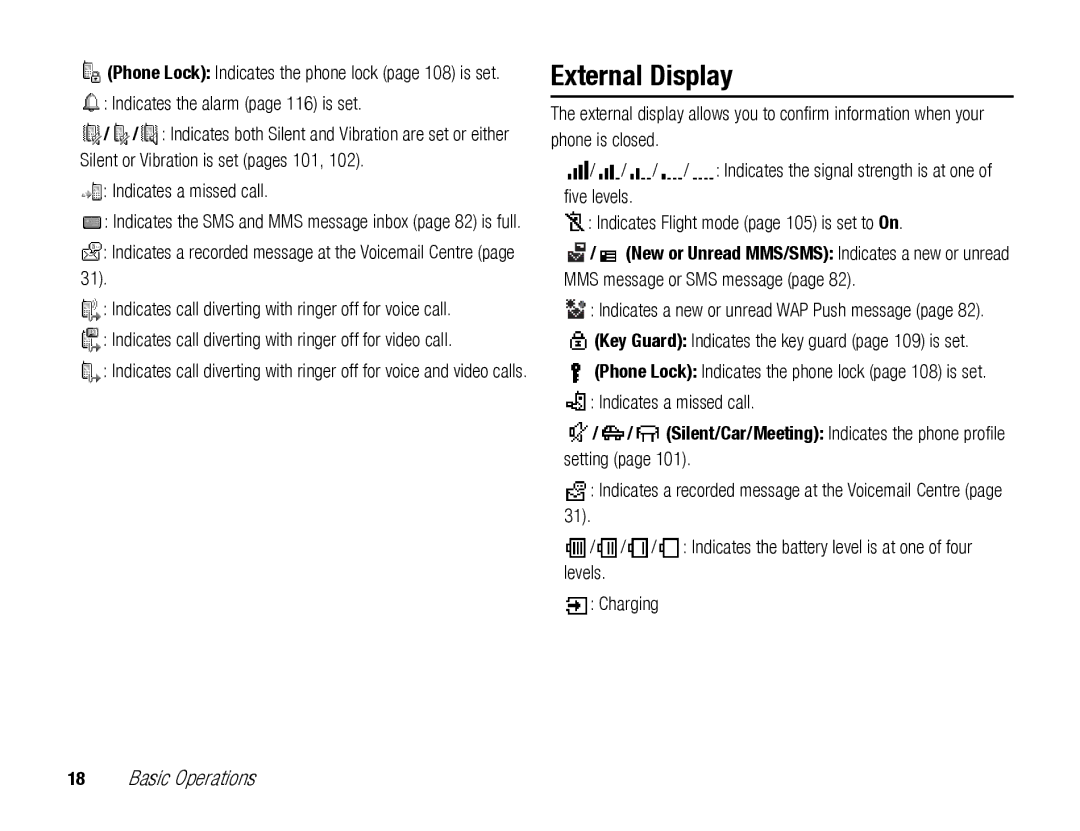 Toshiba TX80 manual External Display, Indicates the alarm page 116 is set, Indicates a missed call 