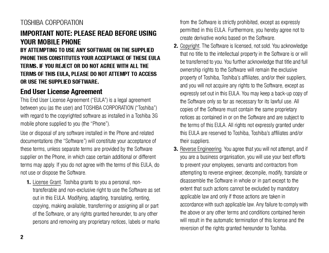 Toshiba TX80 manual Important Note Please Read Before Using Your Mobile Phone, End User License Agreement 