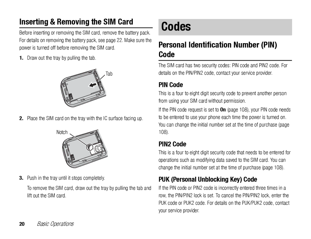 Toshiba TX80 manual Codes, Inserting & Removing the SIM Card, Personal Identification Number PIN Code 